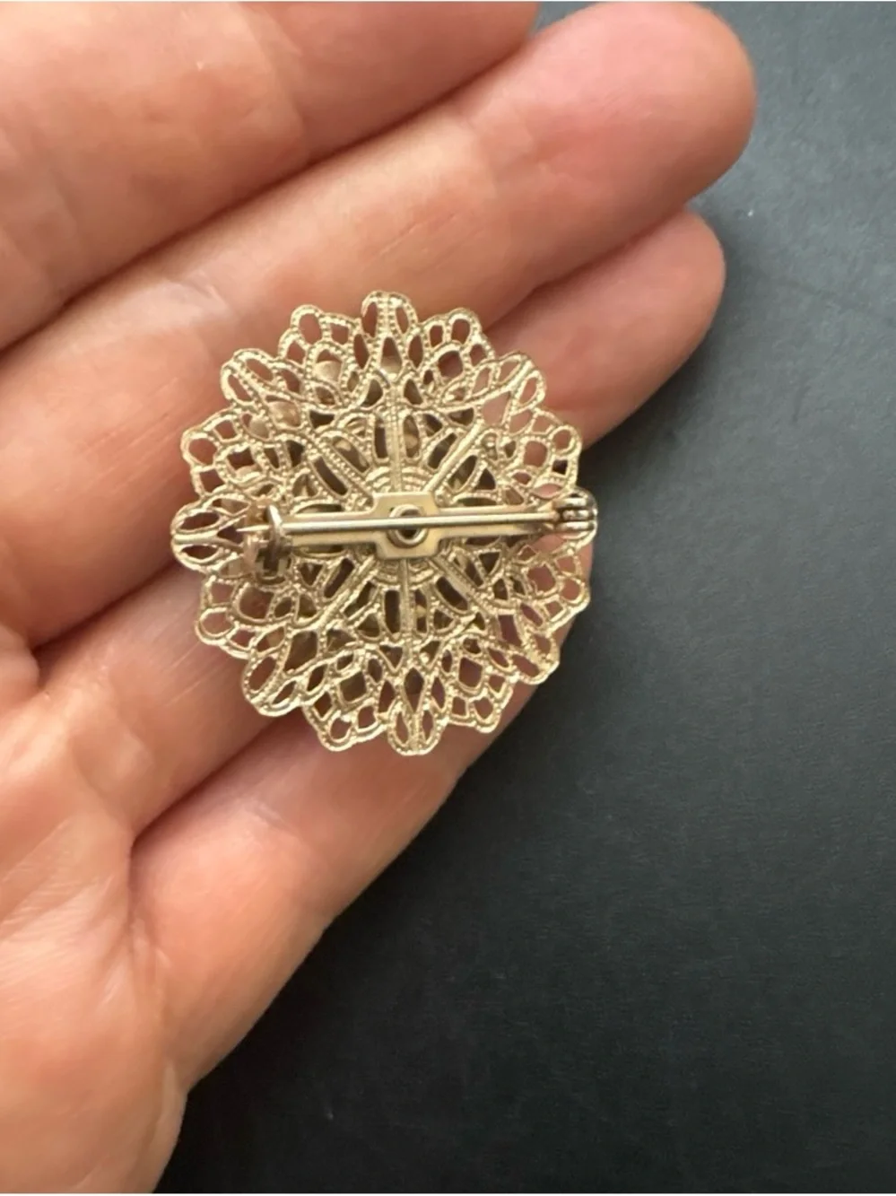 Aurora Borealis Rhinestone Filigree Brooch - Gold Tone